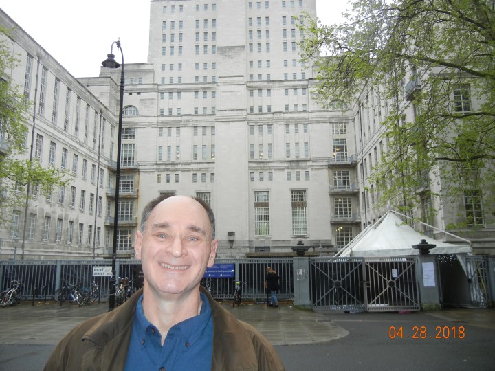 Bob Fahey in April 2018 at Senate House in London, the building that used to represent Bertie Wooster's New York apartment building